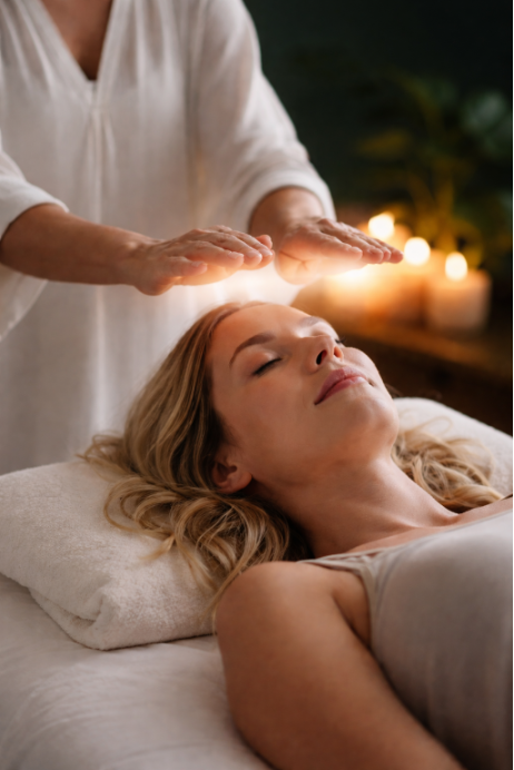 A woman receives a massage or healing treatment while lying on a massage table with candles in the background.