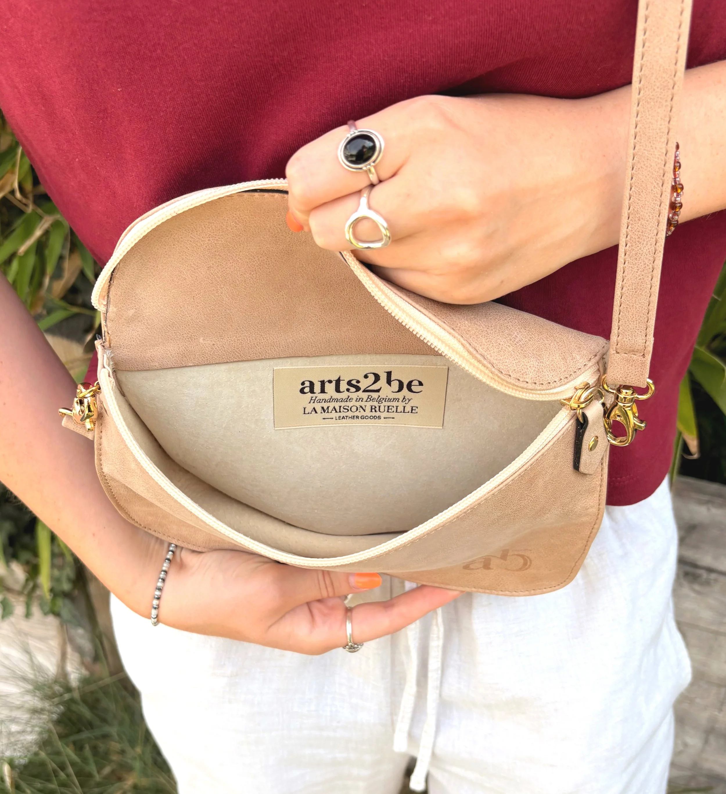 Sac Stéphanie cuir gras Beige rosé intérieur