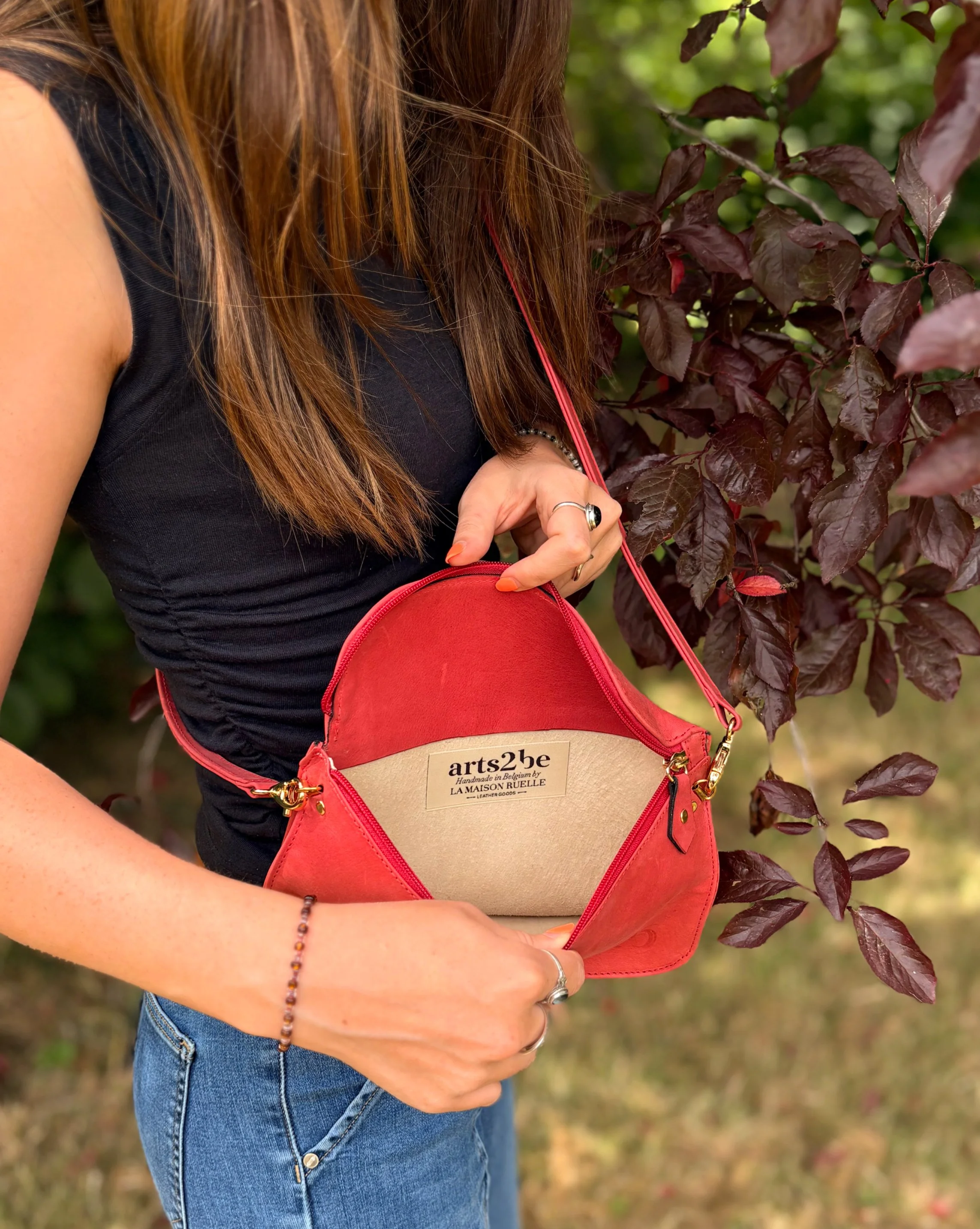 Sac Stéphanie cuir gras rouge corail intéreur