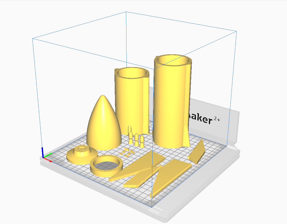  This are all 18 parts of the kit layed out for printing on the Ultimaker2+. The print duration was about 2 1/4 days. The fuselage was split at the point where the lower flaps end and where the nose cone starts to taper in.  The small ring in the fro