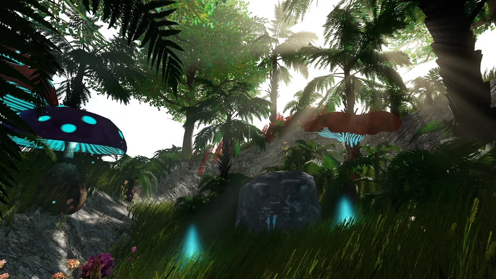  The menu level with the tutorial mural and thought clouds to start the game and access the credits. 
