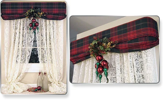 Make your home full of holiday cheer… it’s so easy! We wrapped our cornice with plaid material of green and red with metallic gold running through the fabric, added a folded edge with a separate piece of material tucked in the bottom slot and then topped it all off with some beautiful green and red ornaments. Easy, yet full of holiday cheer…