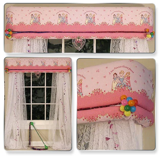 Be creative and change the style as your child grows. This look is for your little Princess. We tucked in some balloons, a beautiful shiny heart in the middle and some shiny trim. And pinned some more shiny trim to the pretty lacy curtains hanging on either side. What little girl wouldn’t want this in her room?