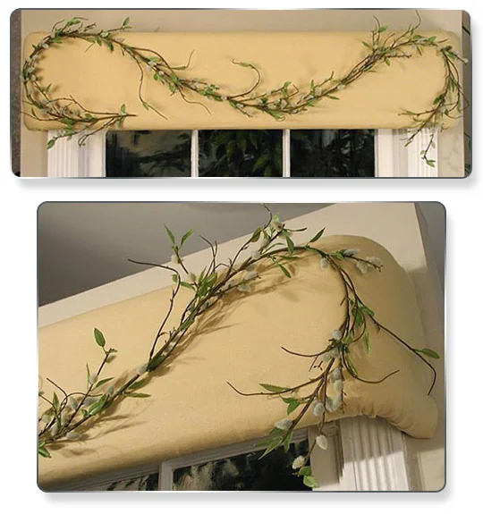 This is just a pussy-willow garland pinned on a mellow-yellow fabric. Neat and pretty.