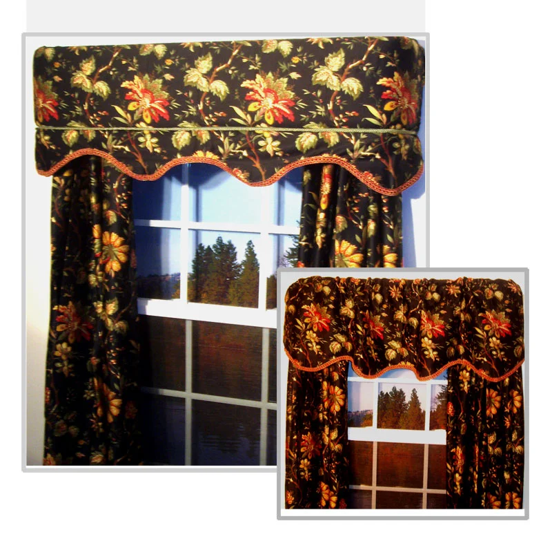 This beautiful Waverly Print is shown with the valance on a rod above the curtains.. and then we wrapped the Top Banana Cornice With the valance. What a difference! A custom look at a fraction of the cost!
