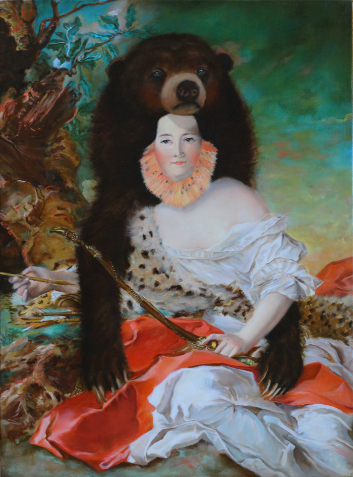   Madame Bonier de la Moson Luxuriates in the Protective Embodiment of Sun Bear; his Hibernation-Harnessed Fortitude Lends Her a Lack of Poise Needed to Play Diana the Huntress.   Oil on Linen  17 x 20 inches  2015 