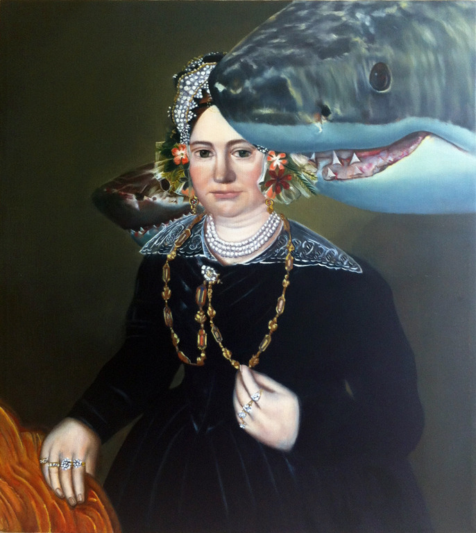   Mrs. Israel Mintz and Shark Protectors who Guard her Jewels and Remind her to Celebrate her Meanness, Wealth, and the Opportunities that it Affords her; Rows of Teeth Mimic Rows of Pearls and Fend off Guilt and Greedy Predators   oil on Linen  18 x