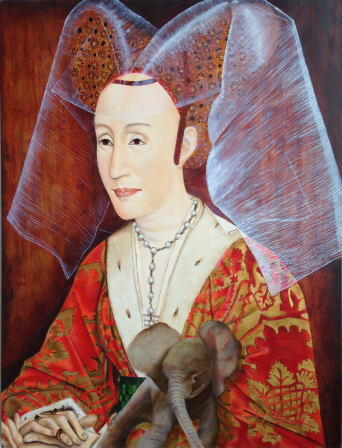   Queen Isabella and Baby Elephant Listen Expansively in Quest for Wisdon on Self-Pampering in the Midst of Cultivating an Awereness of Portuguese Basic Needs   oil on Linen  18 x 20 inches  2014 