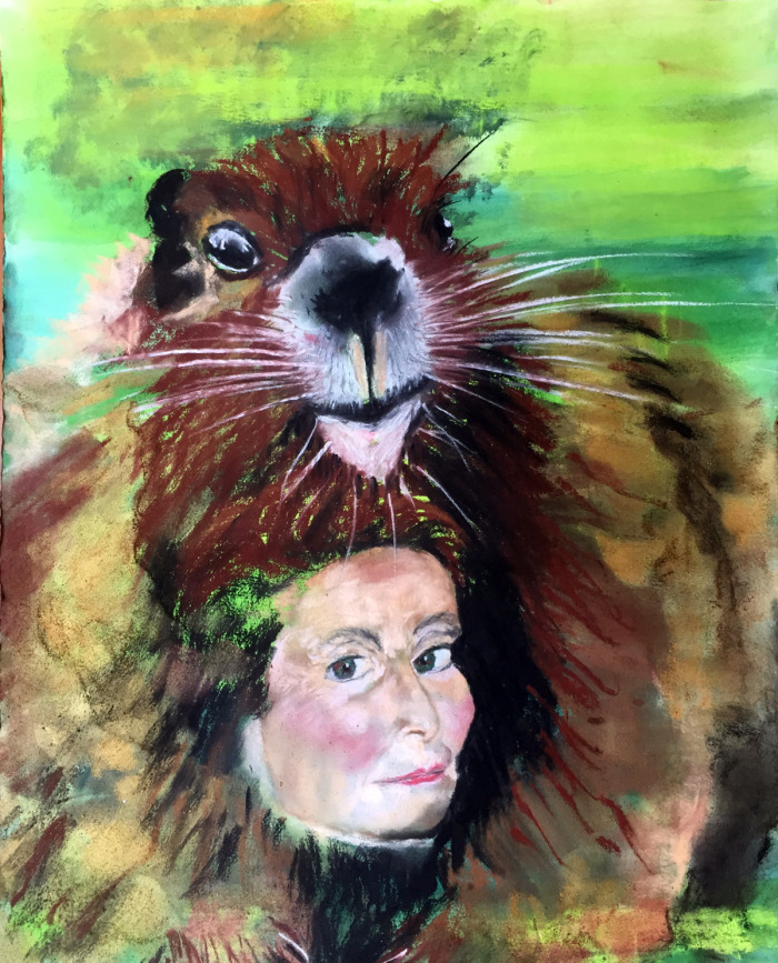   Alfonsina Marmot Hug   Chalk Pastel and Watercolor on Paper  19 x 25 in  2015 
