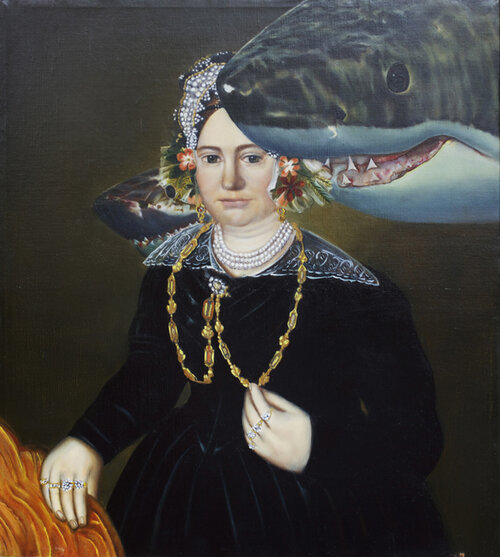   Mrs. Israel Mintz and Shark Protectors who Guard her Jewels and Remind her to Celebrate her Meanness, Wealth, and the Opportunities that it Affords her; Rows of Teeth Mimic Rows of Pearls and Fend off Guilt and Greedy Predators   oil on linen  18 x