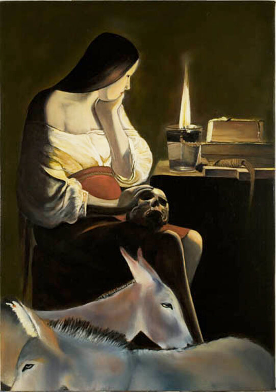   Self-Portrait as Illuminated Woman With Pacing Donkeys: Allegory for Cycles of Life and Death   oil on canvas  7 x 12 inches   2009 
