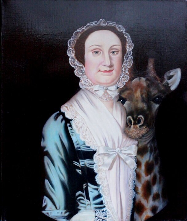   Anna French Reade Gains Perspective and Displays her Warmth in a Reassuring Cuddle with a Rothschild Giraffe   oil on linen  16.5 x 20 inches  2014 