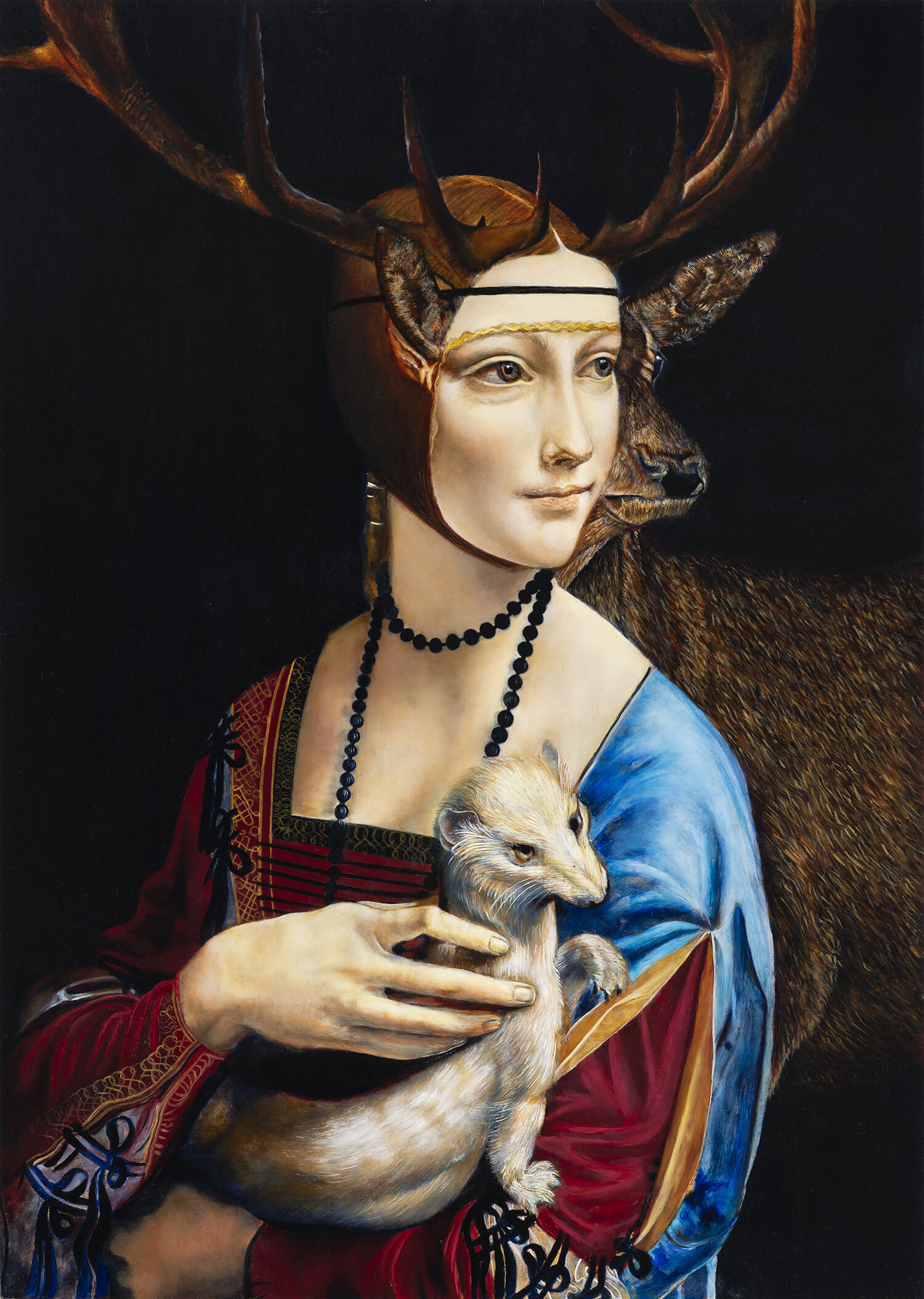   Stag Backs Cecilia Gallerani with Duke’s Ermine and Nascent Child   oil on panel  15 x 21 inches  2020 