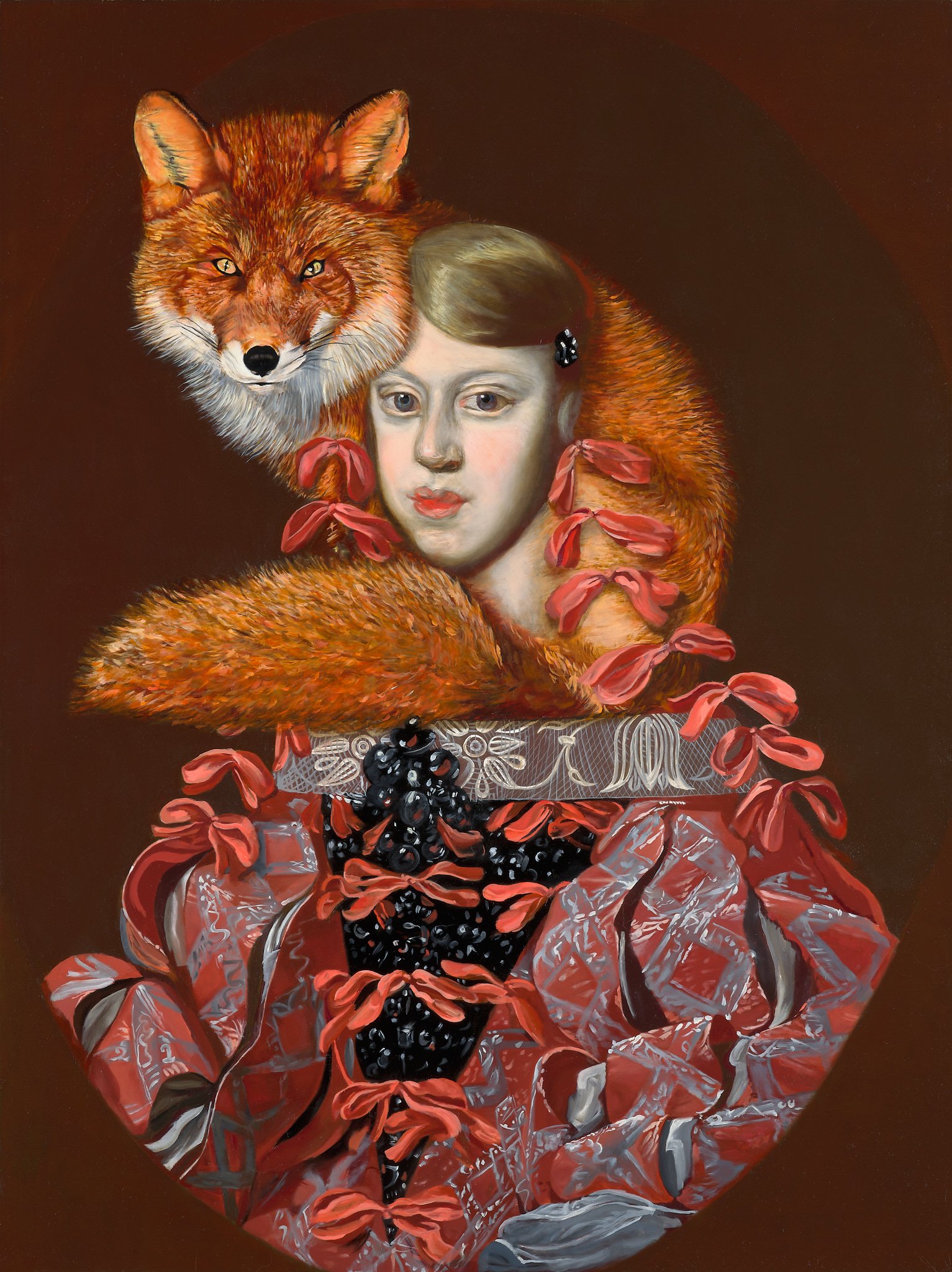   Red Fox Shields and Warms Margarita Theresa Where her Dress is Off Duty   Oil on linen  31.5 x 22 inches  2021 