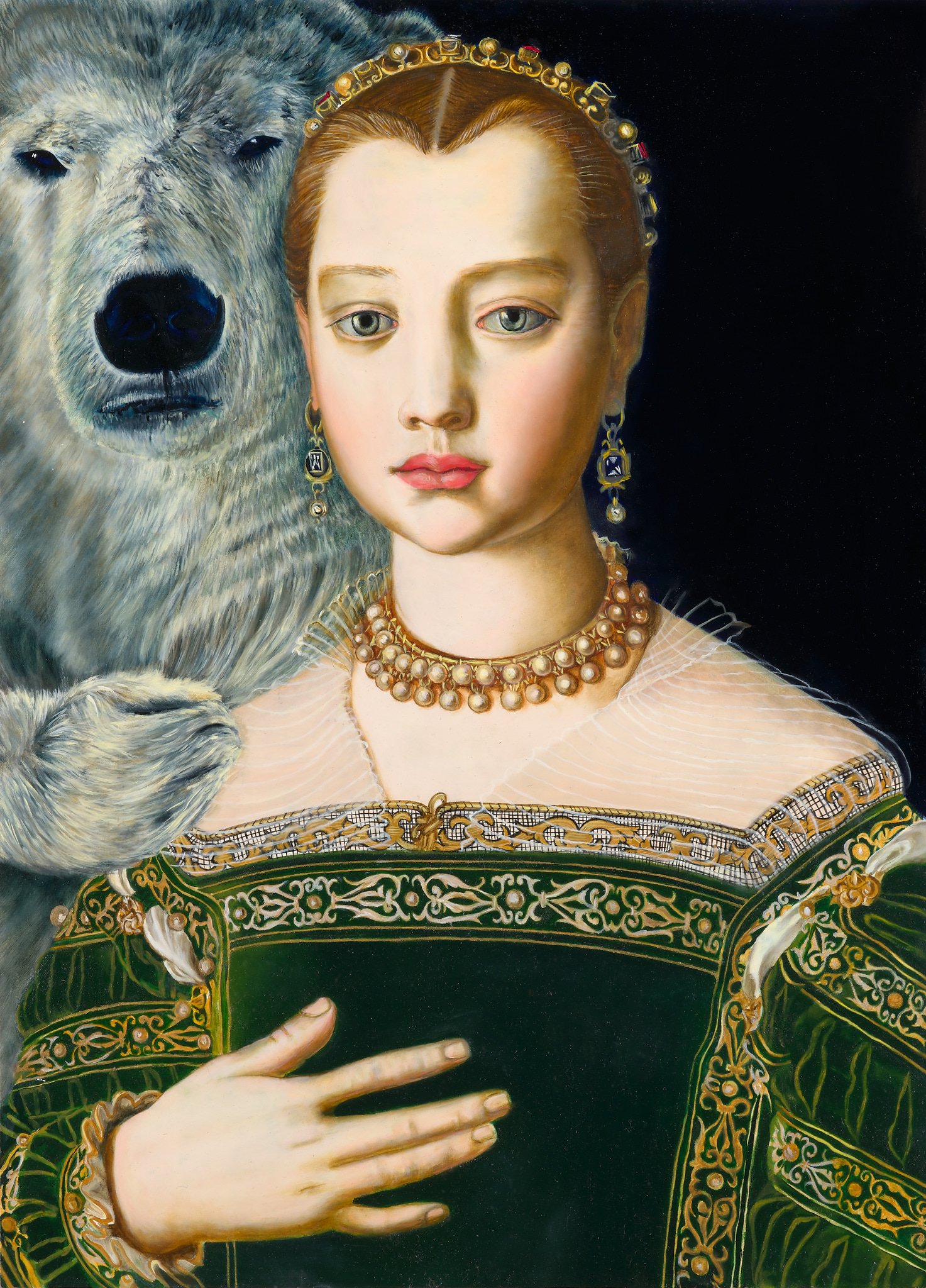    Aurora Imbued Mother Bear Shepherds Maria de Medici’s Young Transition    oil on panel  15 x 20.5 inches  2021  &nbsp;  I, polar bear, am laying on a white snowy plain. If you look closely in the clear night you’ll see a semi-circle line-up of us.