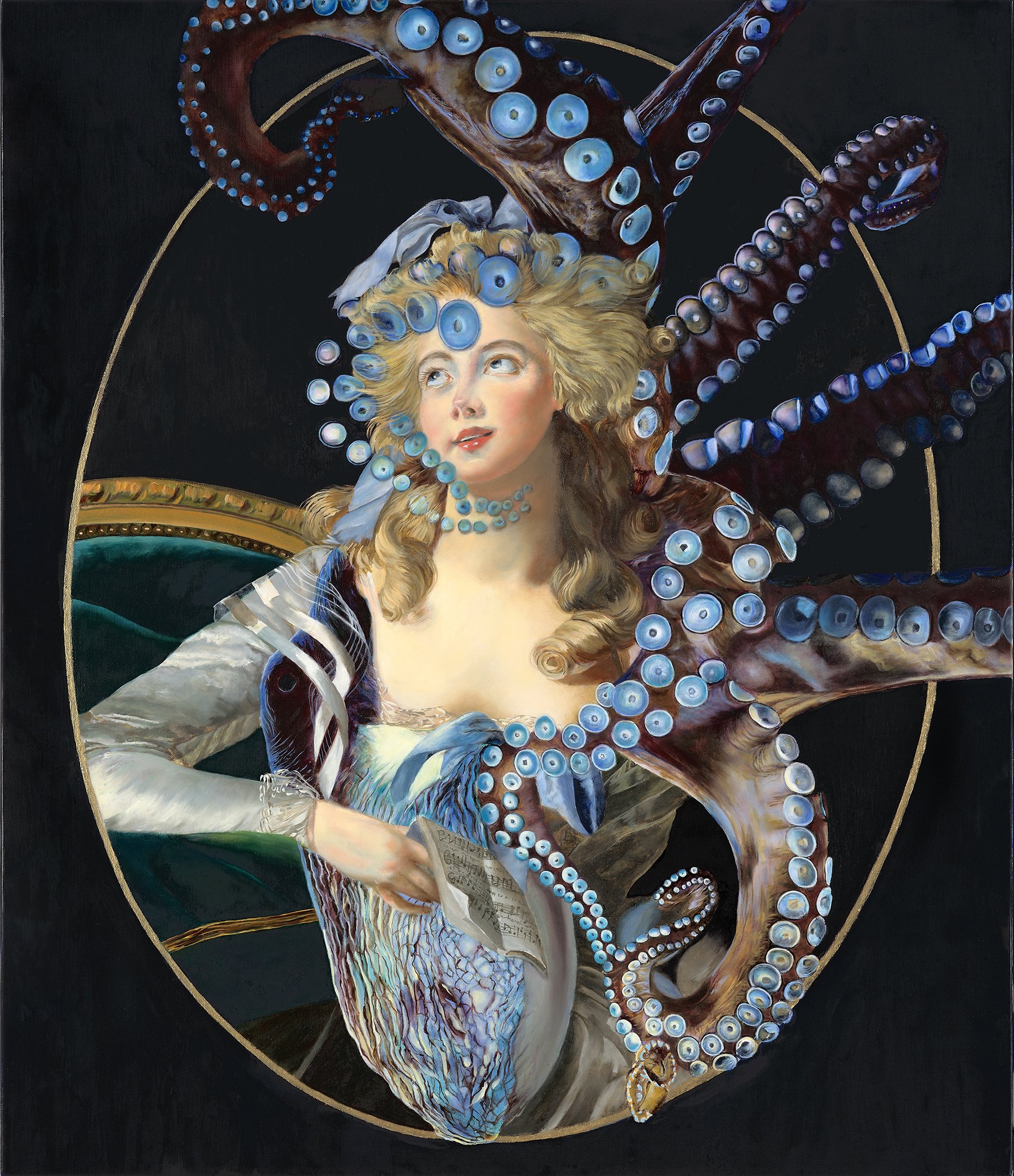    Madame Grand in Skin-Sucker Reverie with Bag Pipe Third Eye Octopus    oil on linen  23 x 27 inches  2023  &nbsp;  &nbsp;  This is my home, green and crystal blue, deep shimmering and cold. My waters are off the Argyll coast of Scotland. I’ve got 