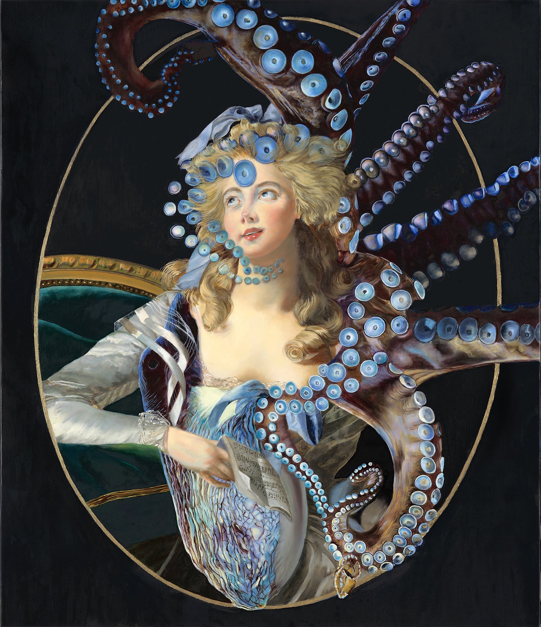   Madame Grand in Skin-Sucker Reverie with Bag Pipe Third Eye Octopus   oil on linen  27 x 23 inches  2022 