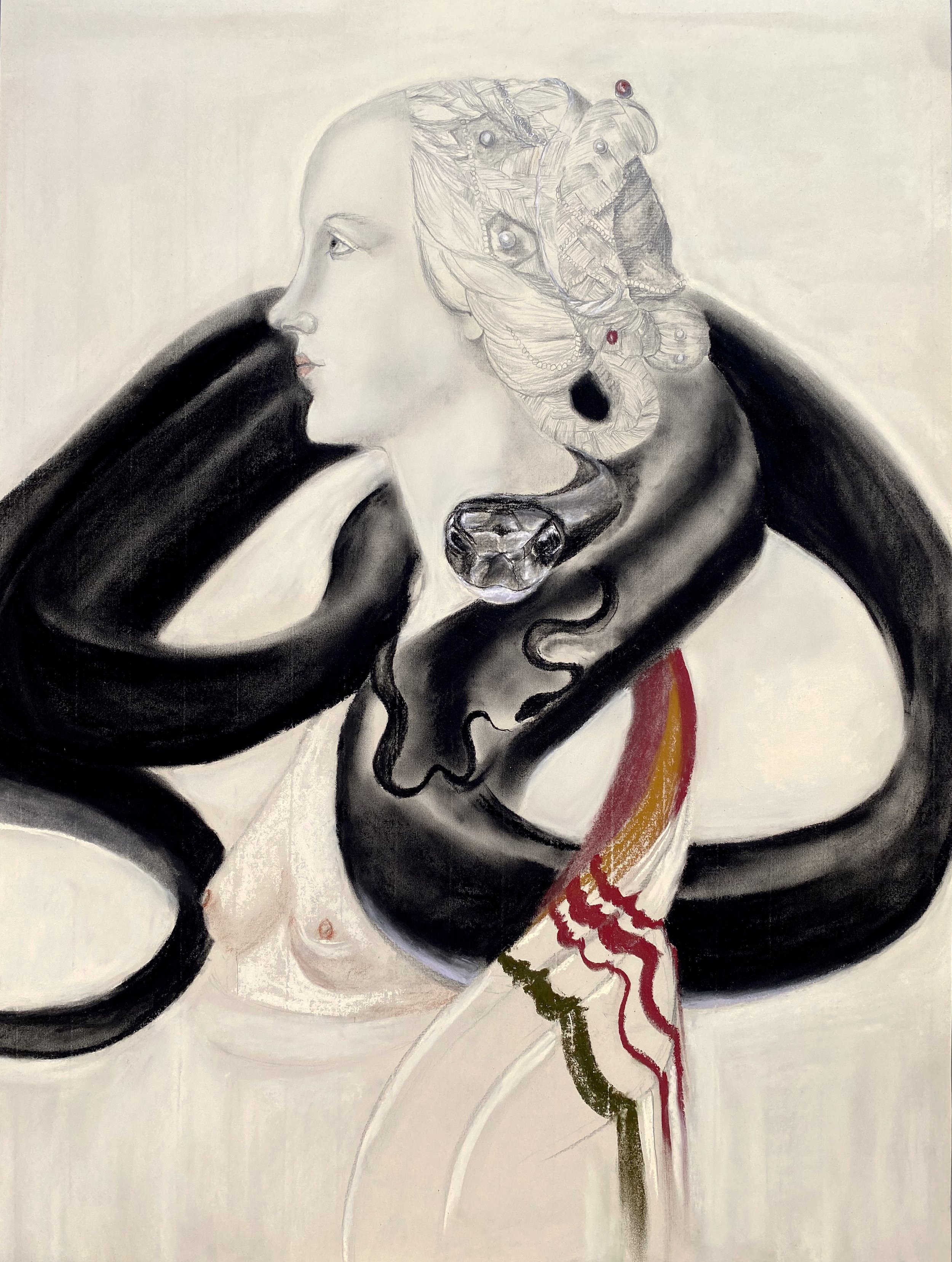   Study for Elegant Black Racer Snake Swirls Through its Mini Me, Simonetta Vespucci’s Cleopatra Prop, to Face Out     chalk pastel and graphite on paper  18 x 24 inches  2023  &nbsp;  I’m sunning at the edge of the uneven grey stones where they for