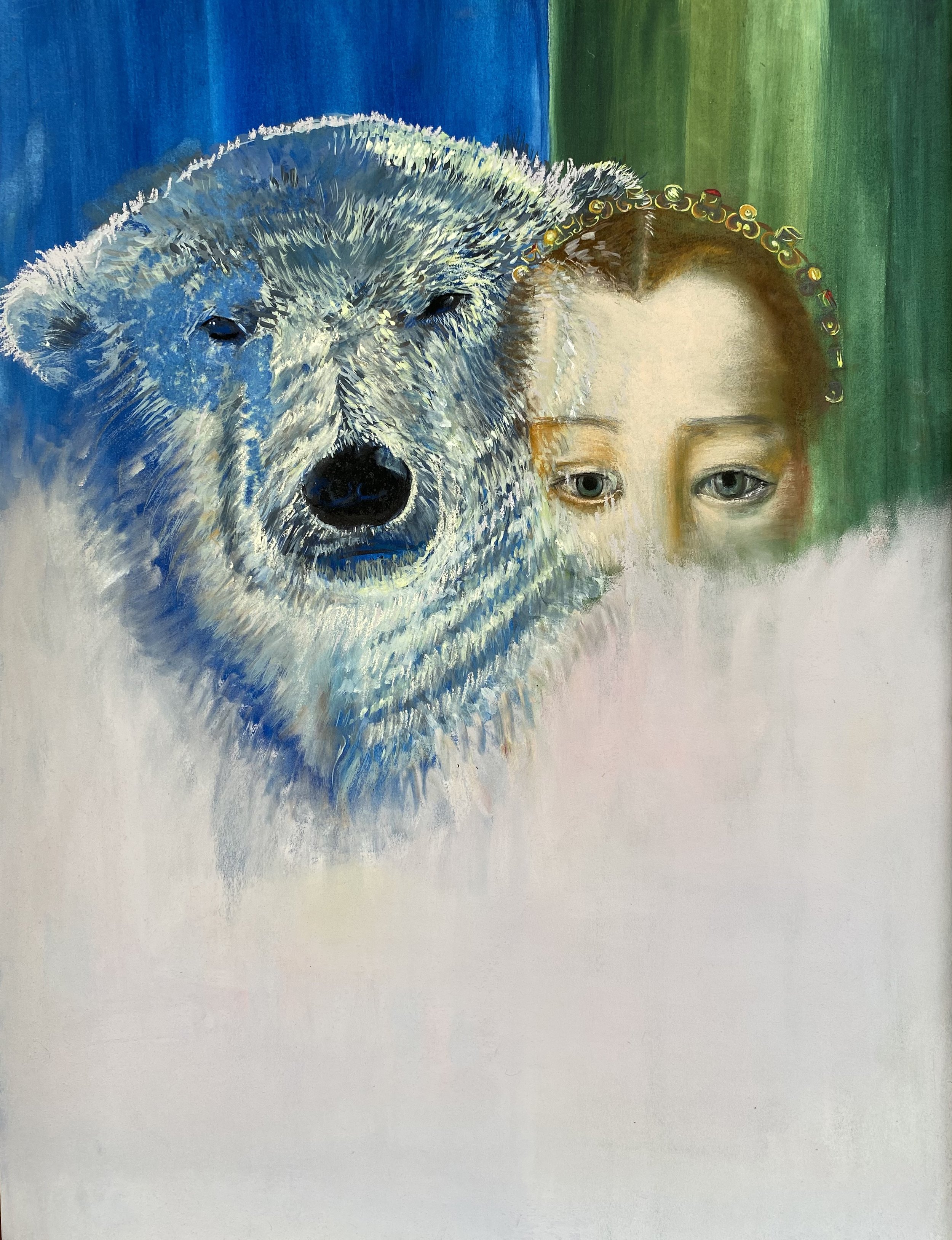    Study from Aurora Imbued Mother Bear Shepherds Maria de Medici’s Young Transition    chalk pastel, watercolor and graphite on paper  18 x 24 inches  2023  &nbsp;  I, polar bear, am laying on a white snowy plain. If you look closely in the clear ni