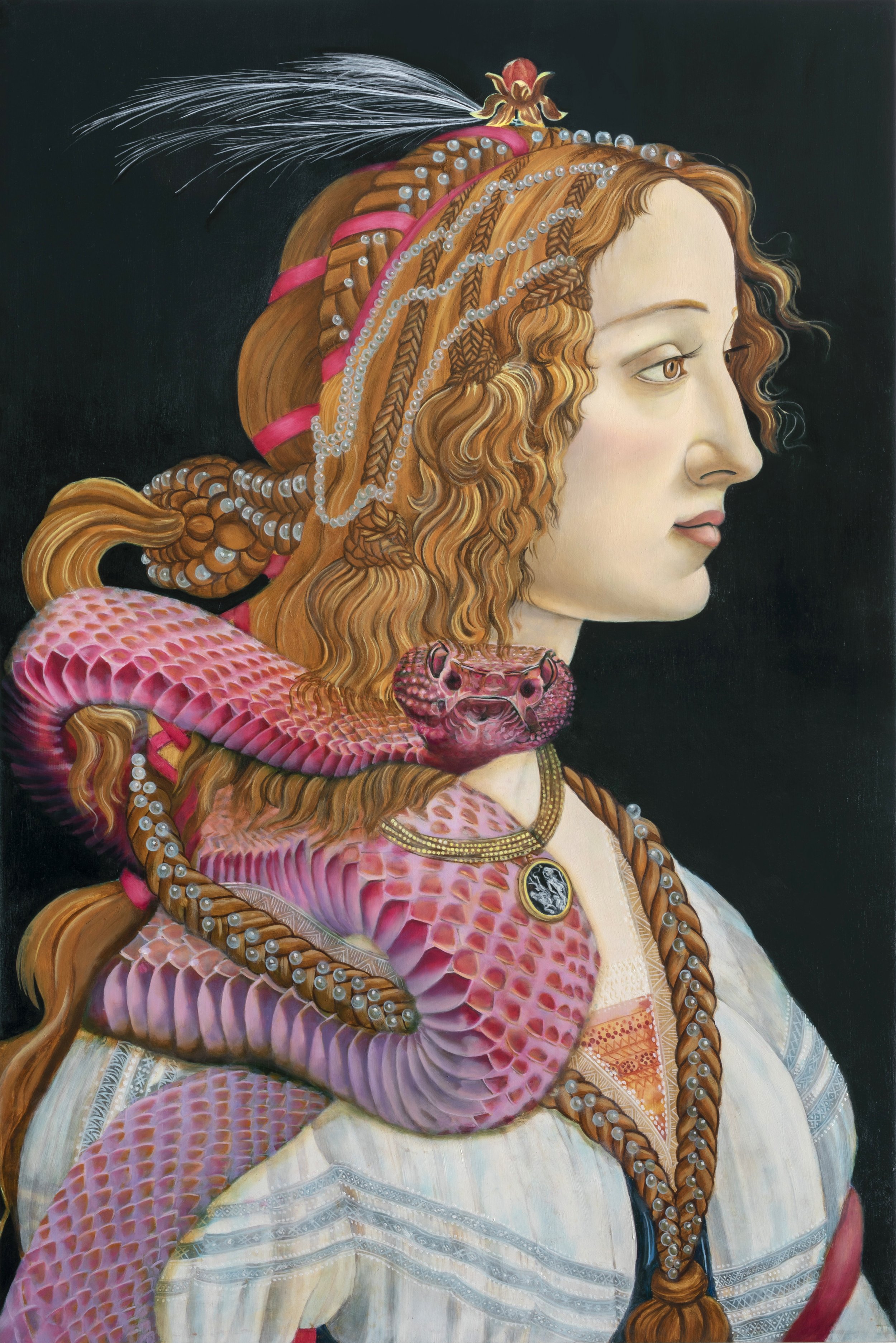     Braided Snake and Pearls Betray Simonetta’s Headache &nbsp;  oil on panel  17 x 26 inches  2023 