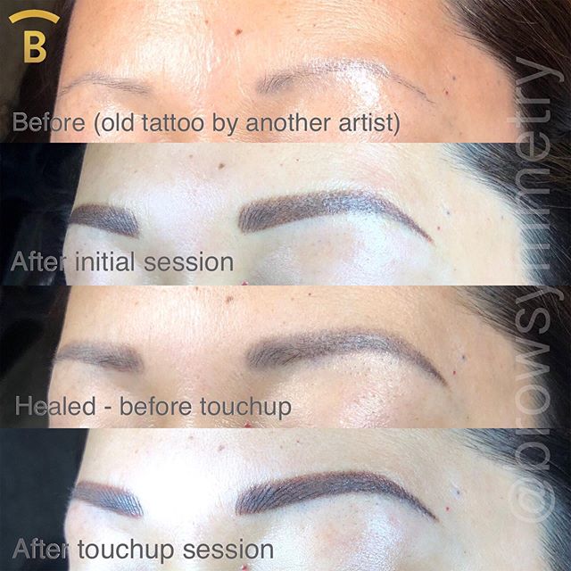 Brow transformation with combo brows (microblading + powder).// Both microblading and powder techniques are a 2 step procedure.  Minor adjustments to shape and color will be made during the touch up session, which takes place 4-12 weeks after the ini