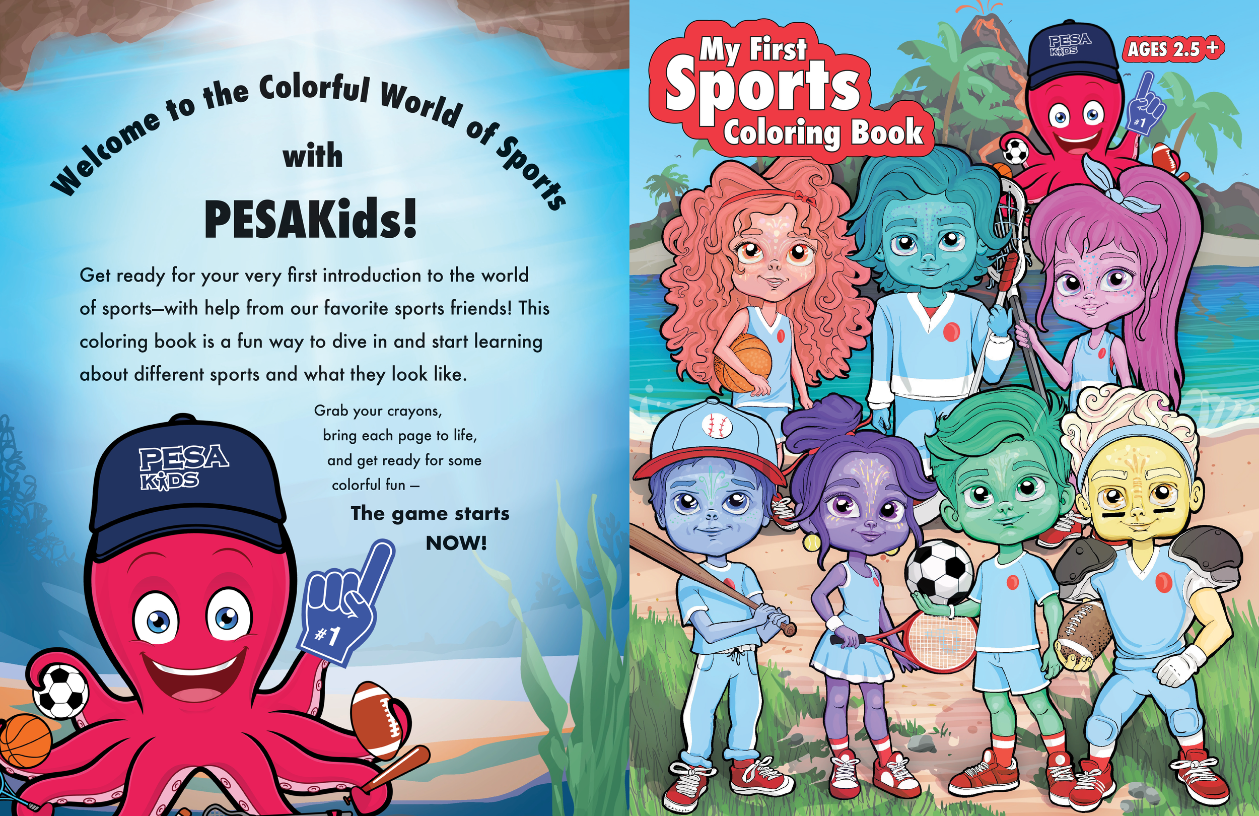 Cover of a children's coloring book titled 'My First Sports Coloring Book' featuring animated children with different skin colors and hair styles holding sports equipment like basketball, tennis racket, baseball bat, soccer ball, football, and hockey sticks, set against a tropical background with trees and a mountain.