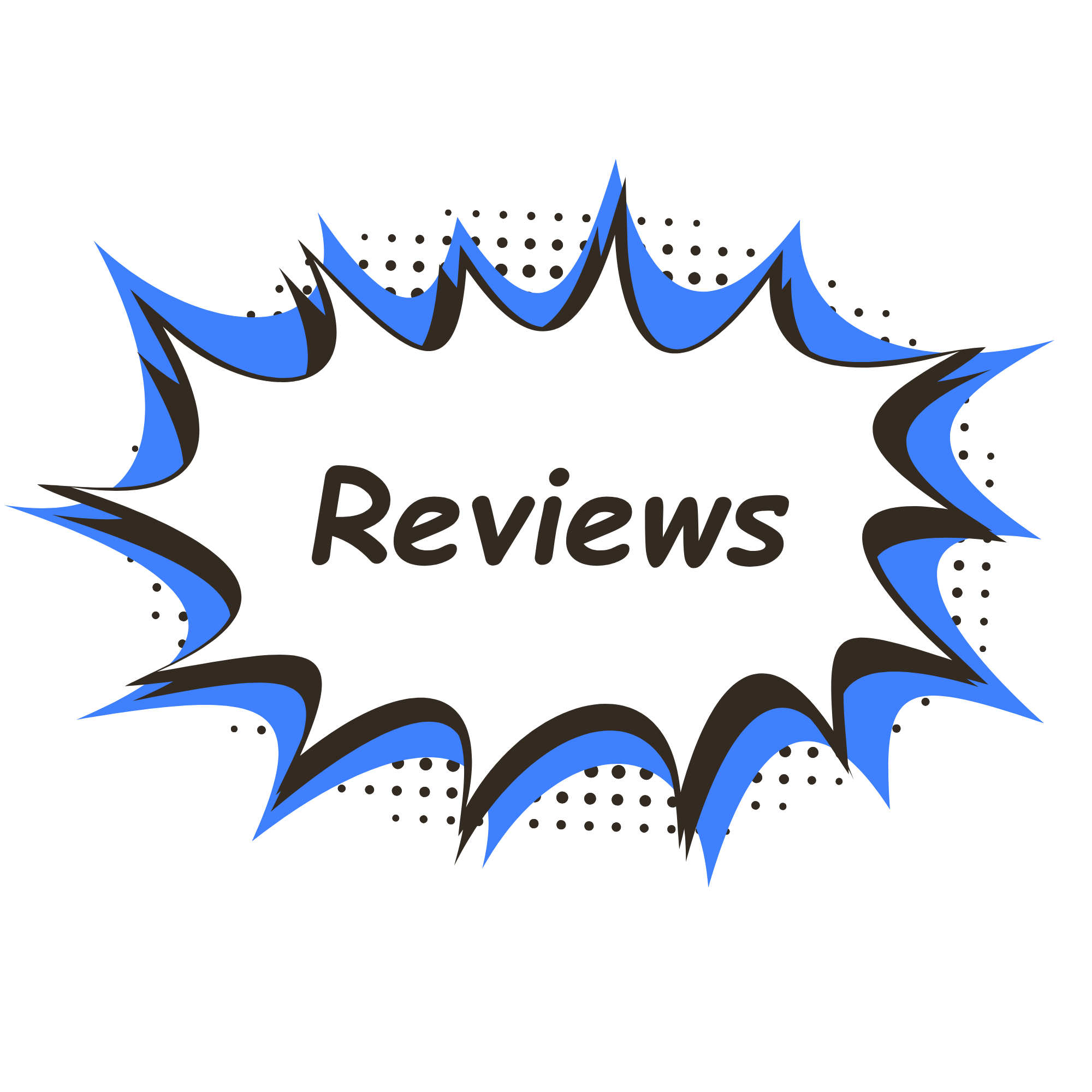 Comic-style speech bubble with the word 'Reviews' inside, featuring a black and blue burst outline.