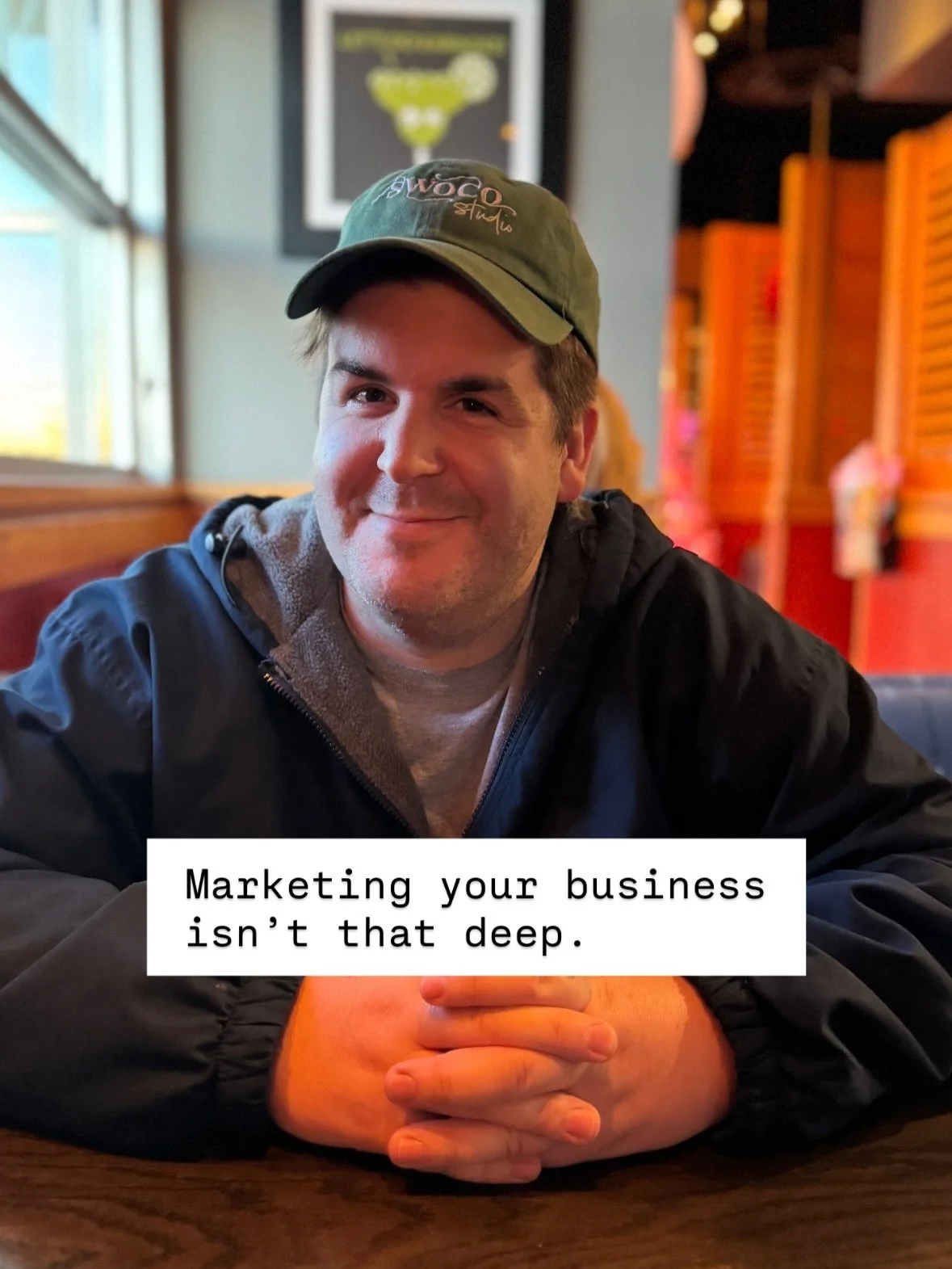 You&rsquo;re overthinking it.
Just tell people you exist and how to hire you.
That&rsquo;s literally the whole job

These were taken at Red Robin while waiting for apps. Edited in Instagram stories and posted here. IT CAN BE SIMPLE.