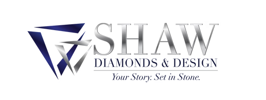 Logo for SHAW Diamonds & Design with a stylized diamond graphic and the tagline "Your Story. Set in Stone."