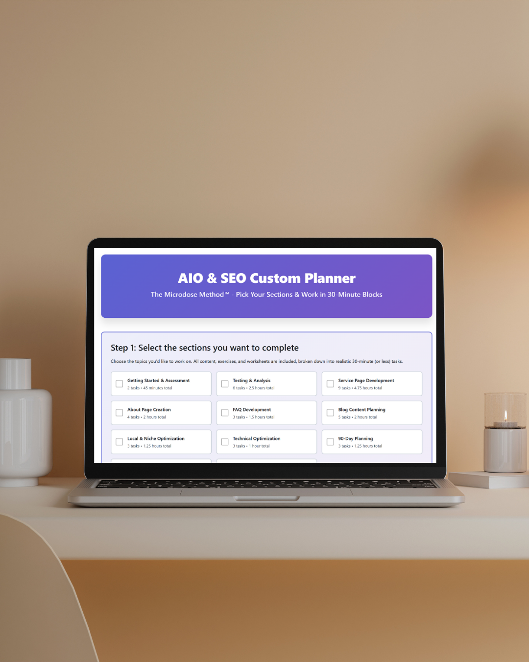 AIO & SEO Custom Planner showing 30-minute task blocks - pick from assessment, FAQ development, technical optimization, and 90-day planning