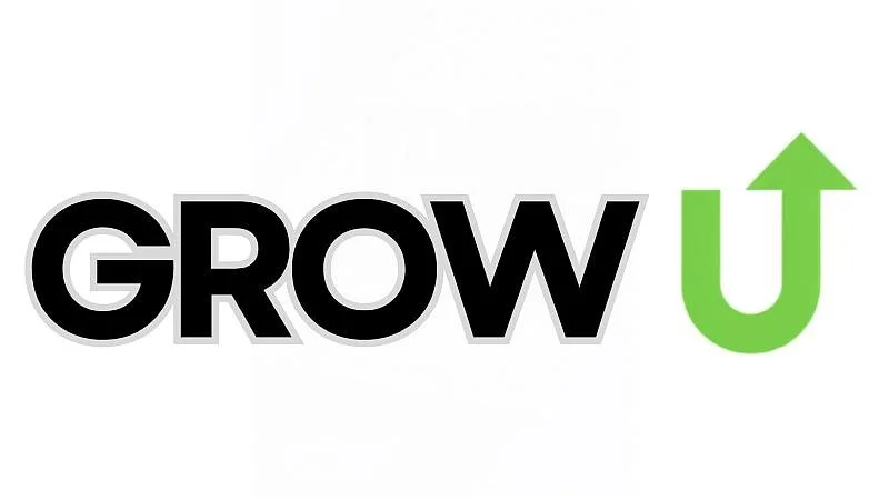 The word 'GROW' in black letters with a green upward arrow forming the letter 'U'