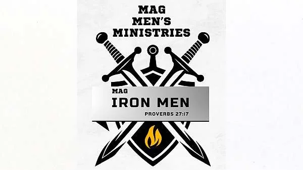 Logo for MAG Men’s Ministries featuring two crossed swords, a shield with a flame, and text about Iron Men and Proverbs 27:17.