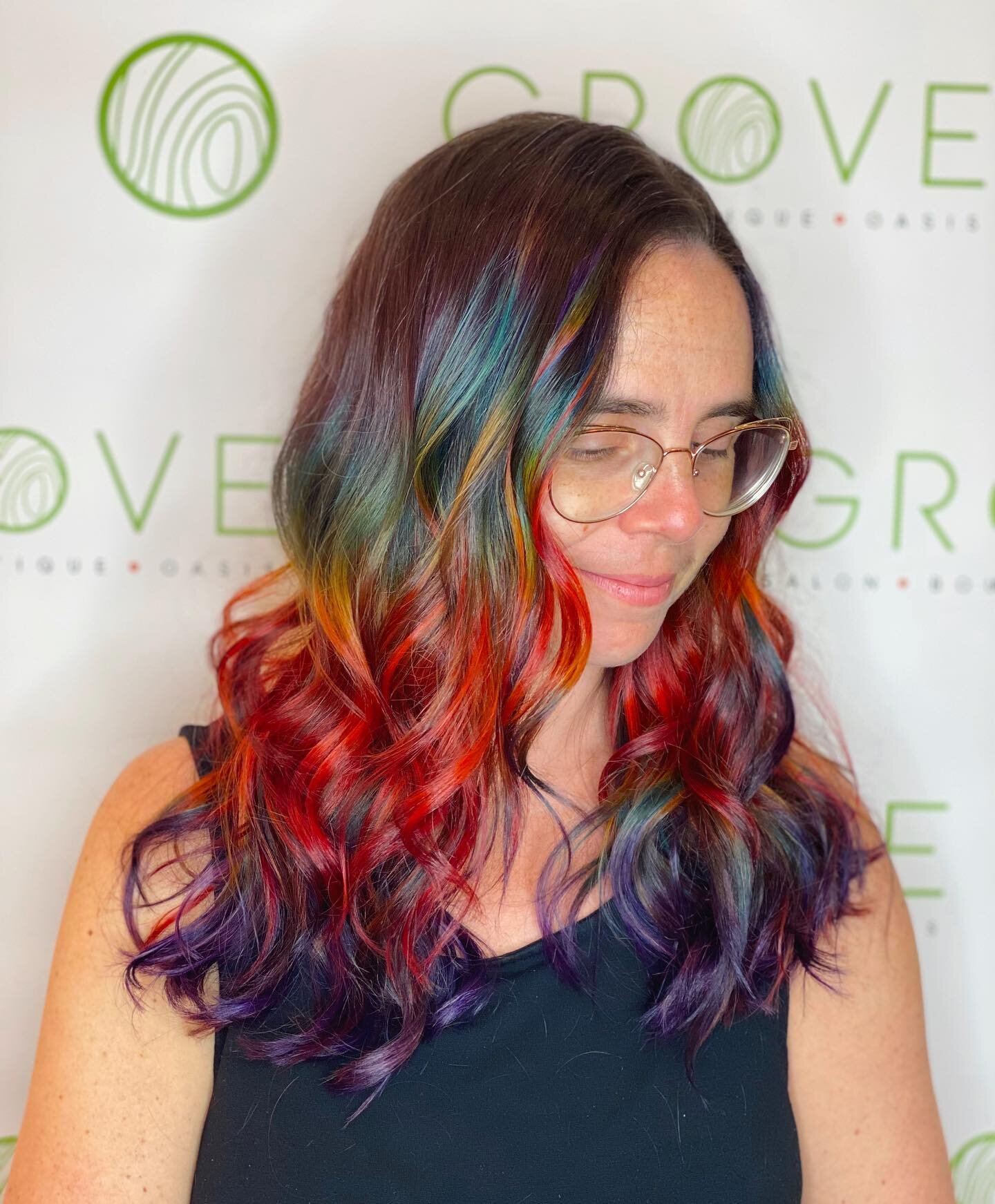 RAINBOW DREAMS ❤️🧡💛💚💙💜 This magical color and cut is brought you you by Bethany! This was a 9 hour transformation, and we&rsquo;d say the outcome was worth every minute! Swipe ➡️ for a before!
&bull;
&bull;
&bull;

#GroveSalon #GorgeousAtGrove #