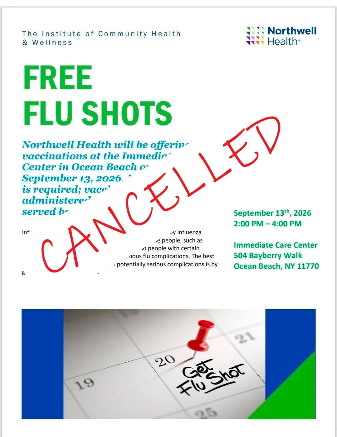 * Cancelled*FLU SHOTS 9/13/2026
