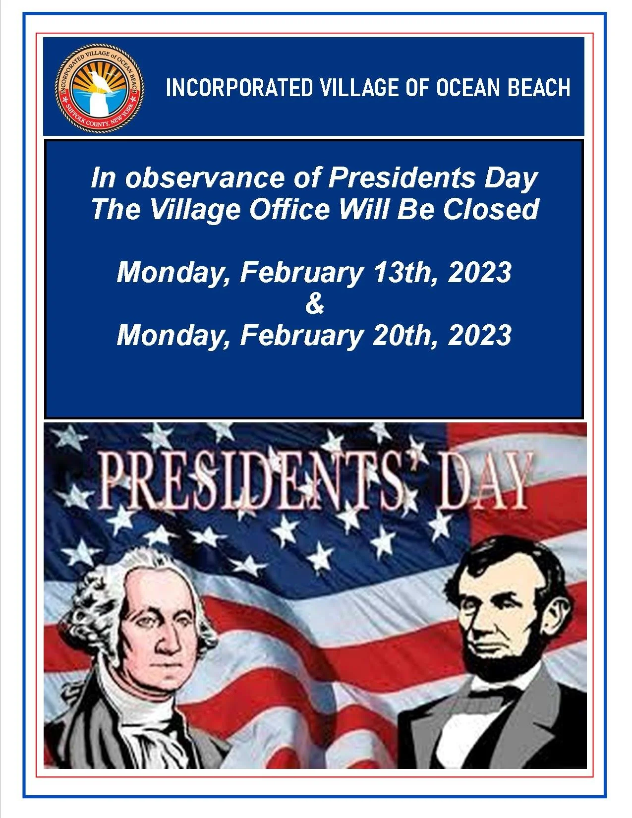 Village Office Closed Presidents Day 2/20/2023 — Village of Ocean Beach