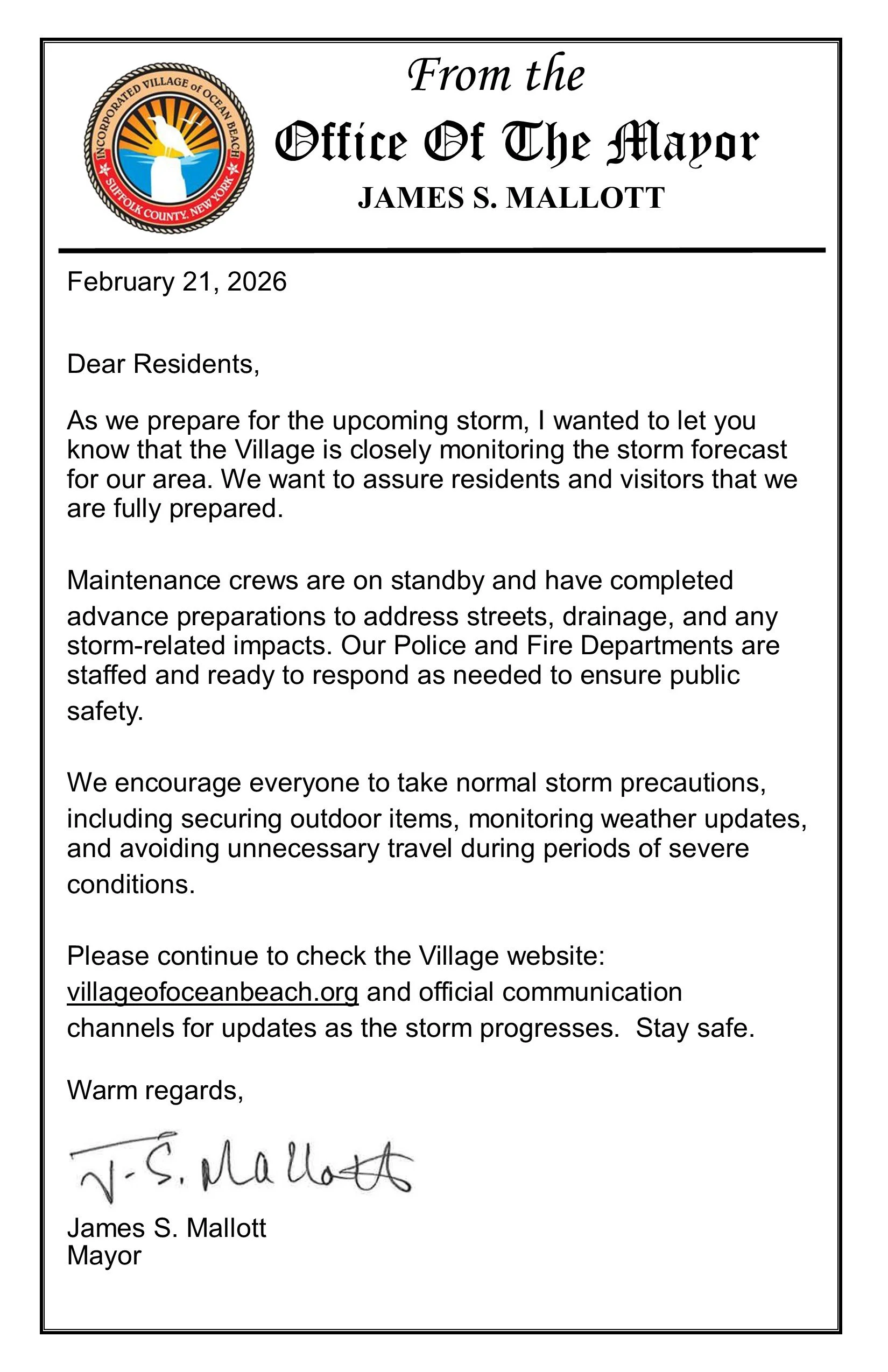 NOTICE - MAYOR MESSAGE  2-21-2026.jpg