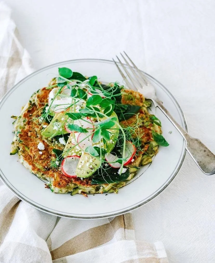 Zucchini Fritter with Spinach, Avocado, Feta &amp; Mircogreens.