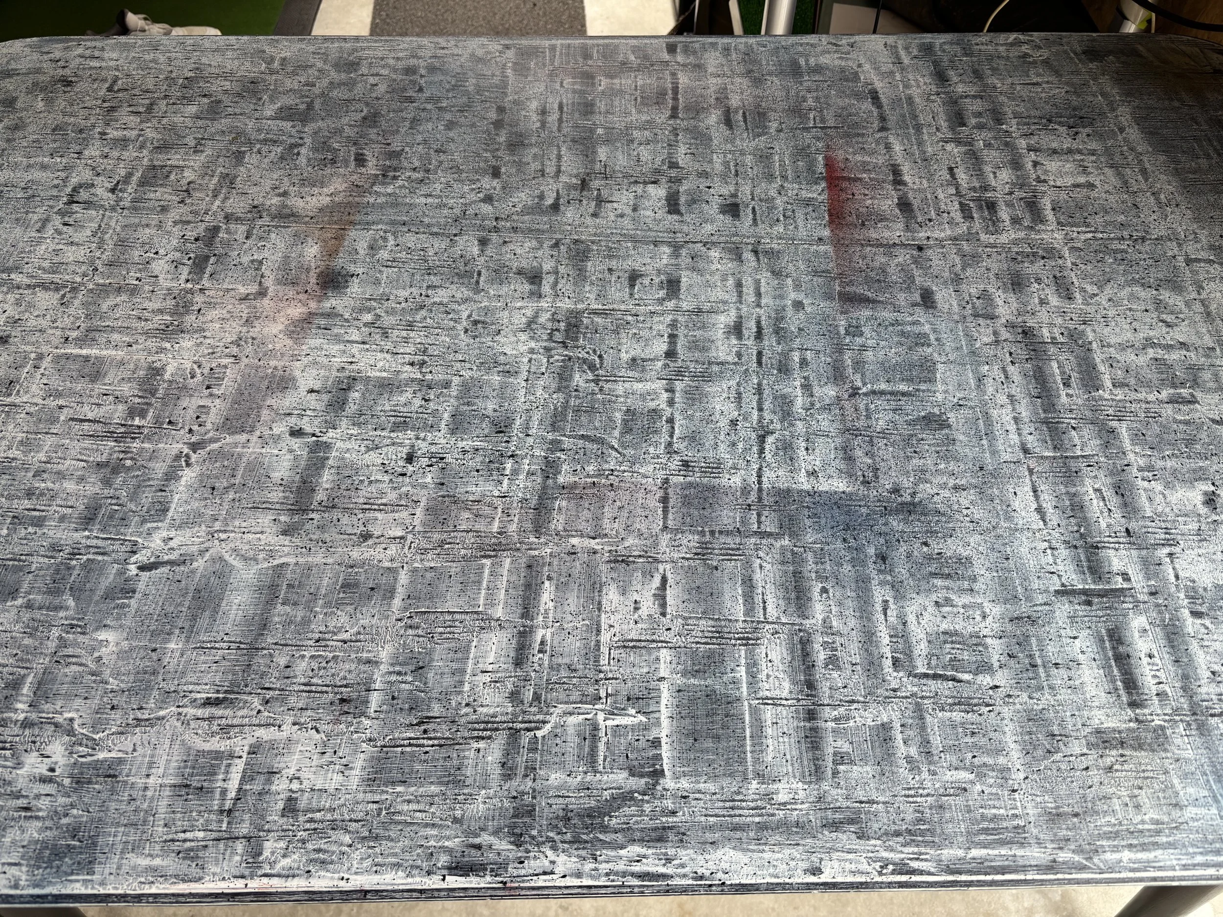 No. 82: The Gathering, refurbished table. Planed it down then gave it a black base coat adding in white and finishing off with MTN 94 spray paint and lacquer.