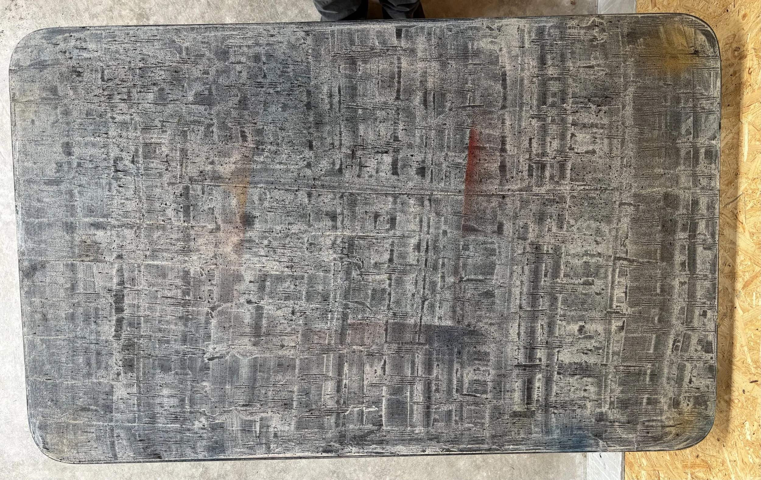 No. 82: The Gathering, refurbished table. Planed it down then gave it a black base coat adding in white and finishing off with MTN 94 spray paint and lacquer.