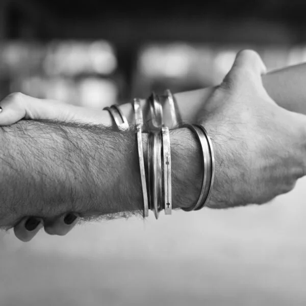 Left to right Sound Bracelet Extended Bracelet  Thick Bracelet Hatch Bracelet