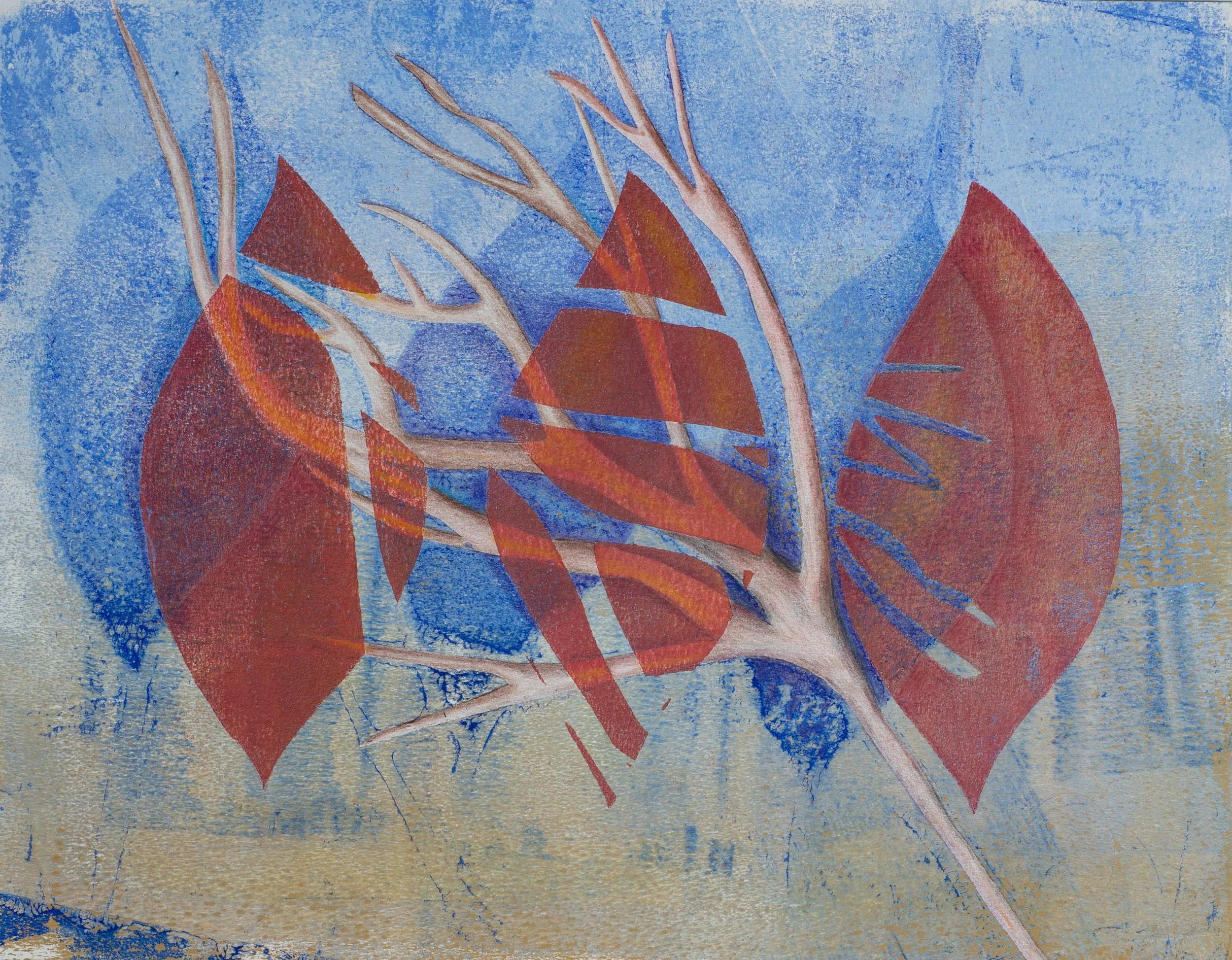 "Red and Blue Magnolia Leaves, One Branch", Acrylic Monoprint and Painting and Colored Pencils on Paper, 14"x11", 2026