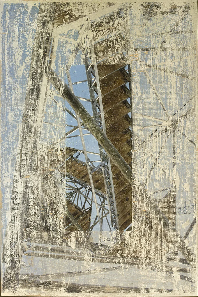 "Fire Tower Abraded", Photo Transfer on Panel and Mixed Media, 20"x16", 2021