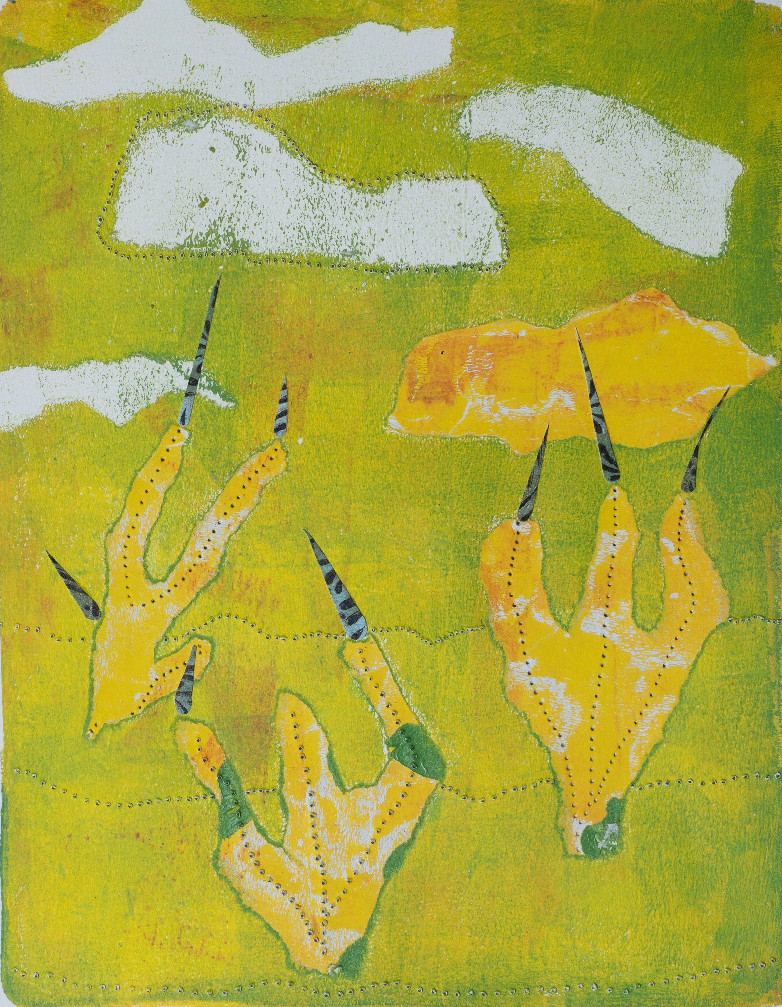 "Three Yellow Paws Claws", Acrylic Monoprint on Paper, Stitching, Collage, 8"x10", 2025