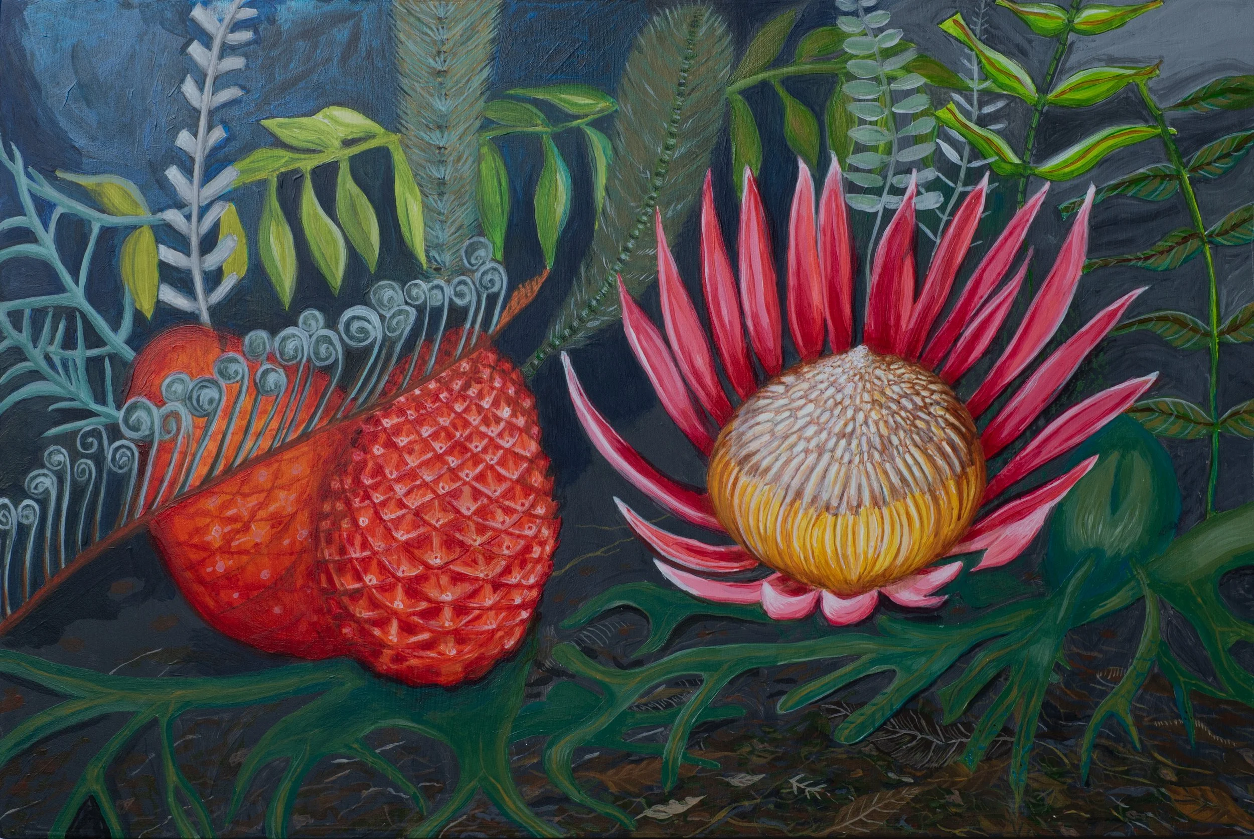 "Primitive Flower ", Acrylic Painting on Wood Panel, 18"x12", 2026