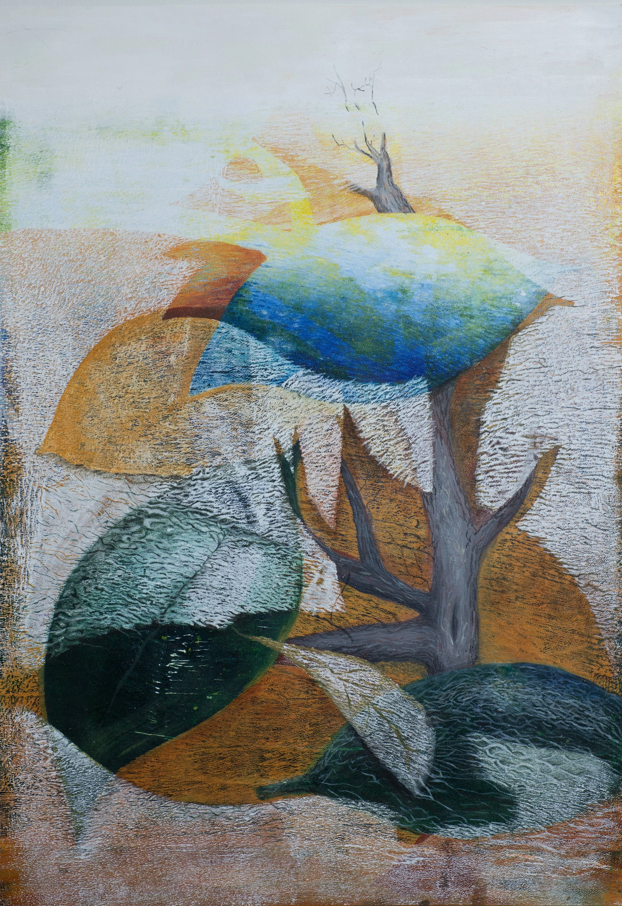 "Floating Magnolia Leaves Snow", Acrylic Monoprint and Painting and Colored Pencil on Paper, 15"x22", 2026