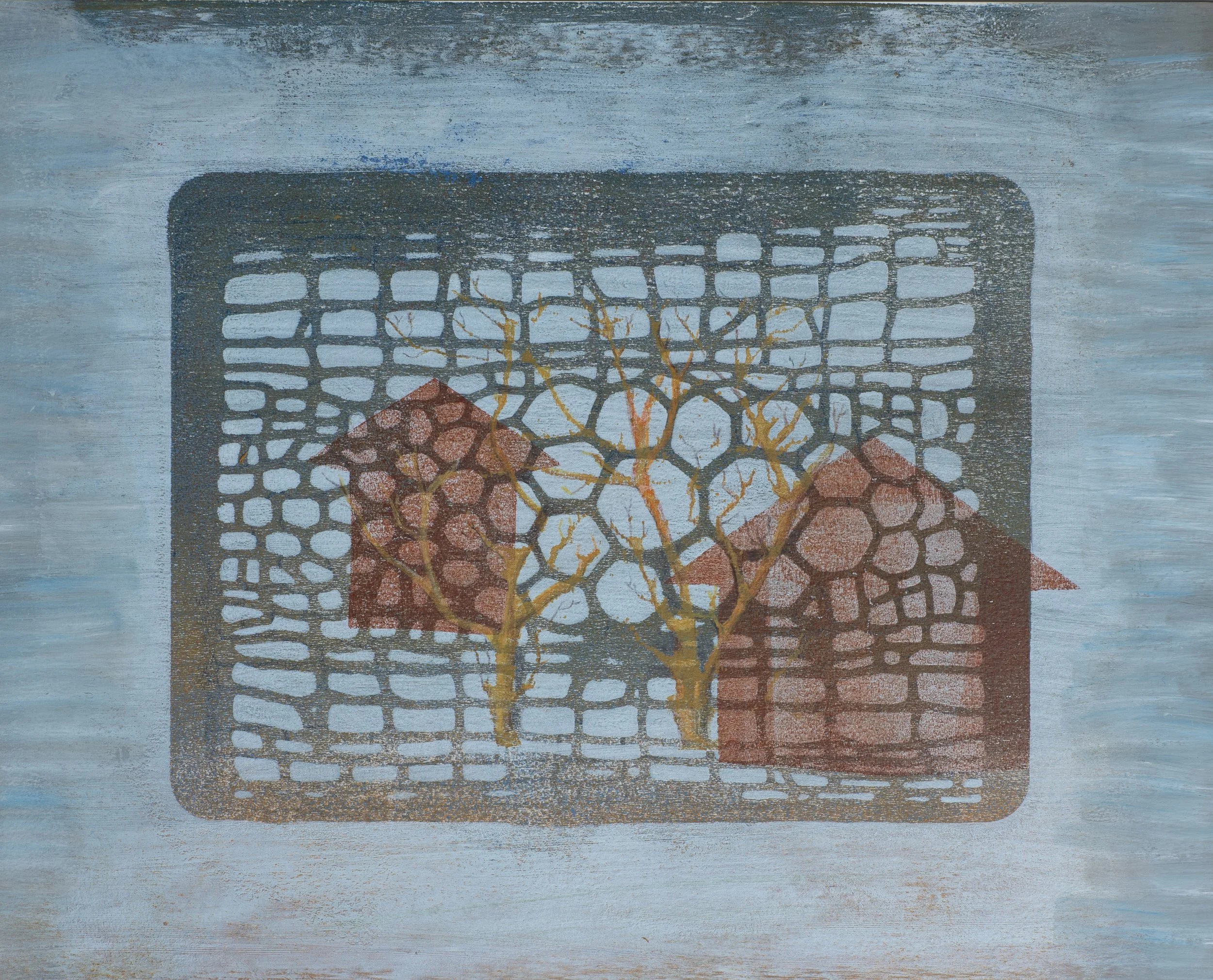"Two Houses", Acrylic Monoprint on Paper, 18"x12", 2025