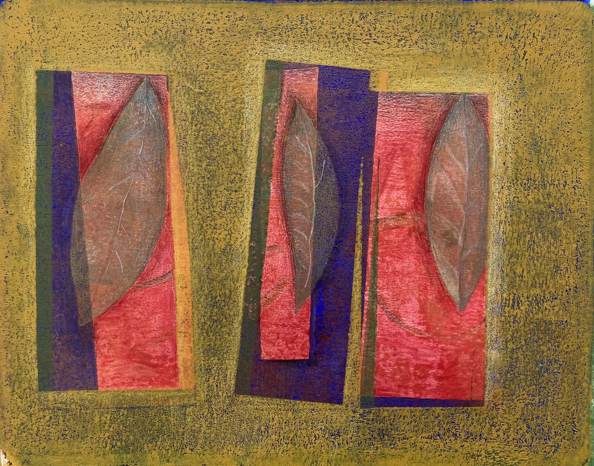 "Three Rectangles and Leaves", Acrylic Monoprint and Colored Pencil, 18"x12", 2025
