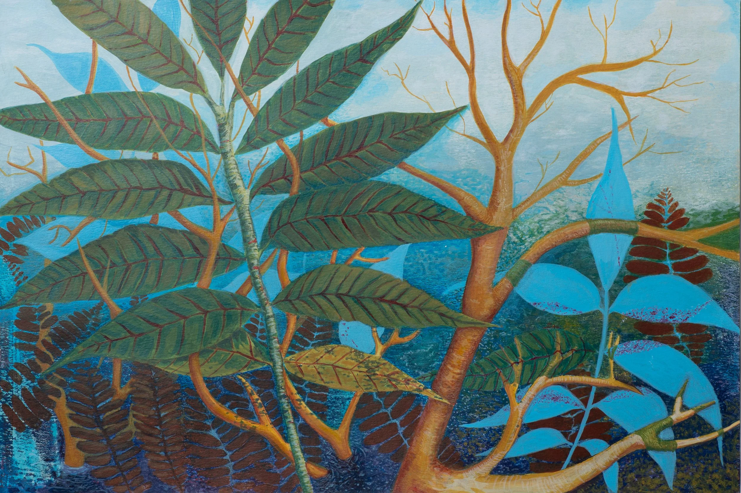 "Blue Sky and One Pecan Branch", Acrylic Painting on Paper, 18"x12", 2026