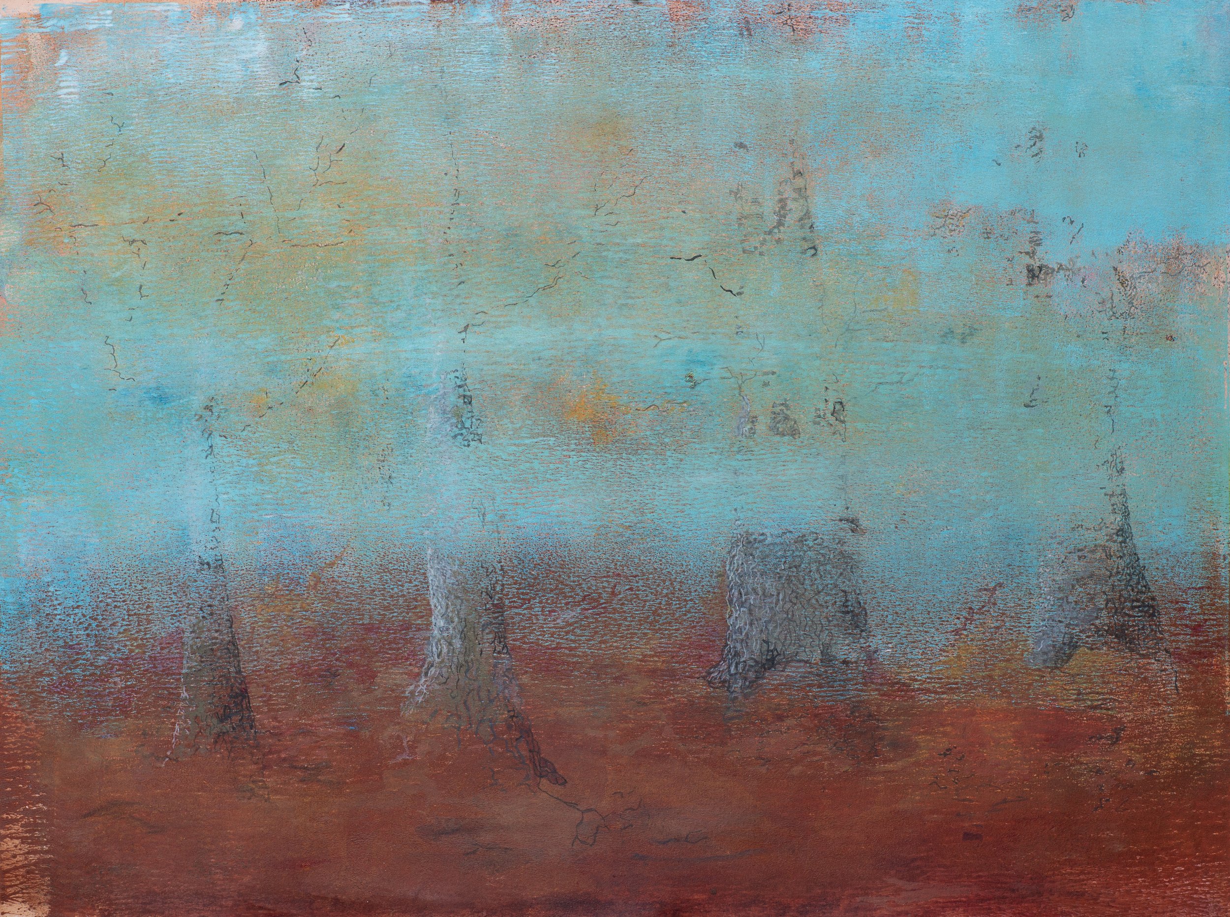 "Faded Trees", Acrylic Monoprint and Painting on Paper, 19"x15", 2025