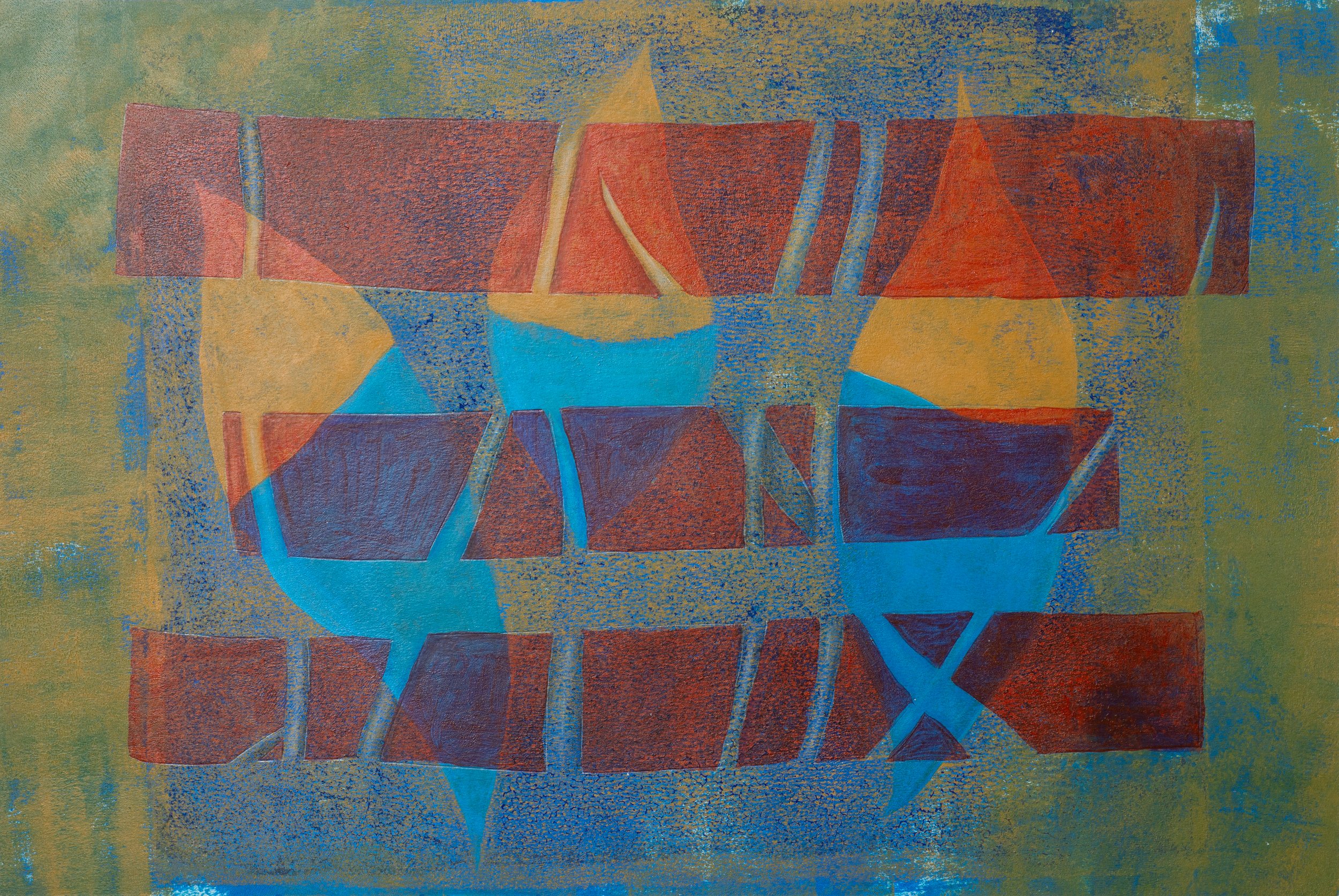 "Three Striped Leaves and a Branch", Acrylic Monoprint and Painting on Paper, 18"x12", 2025